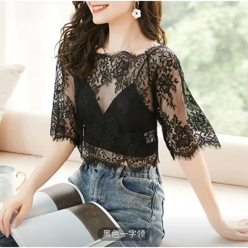 Atasan Lace Blouse Long Sleeve Crop Top Slim