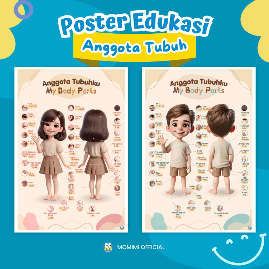 [WIPE AND CLEAN] Poster Anak Edukasi Belajar ANGGOTA TUBUH Bilingual untuk Anak PAUD, Toodler, TK