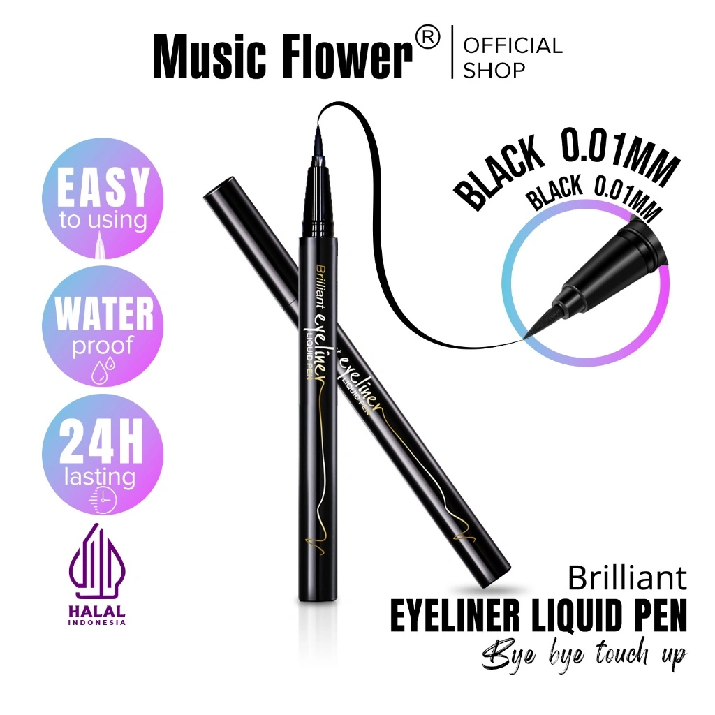 MUSIC FLOWER Briliant Eyeliner Liquid Pen Super Fine 0.01mm Waterproof 24H Sweatproof Transferproof Tattoo Tahan Lama