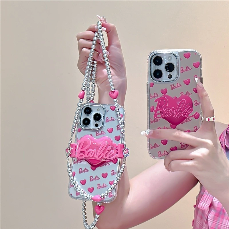 CASEUNIQQ Pink Heart Case + Lanyard + Grip Casing Hp iP Tali panjang Coquette Brbie Hardcase Softcase Compatible with iphone