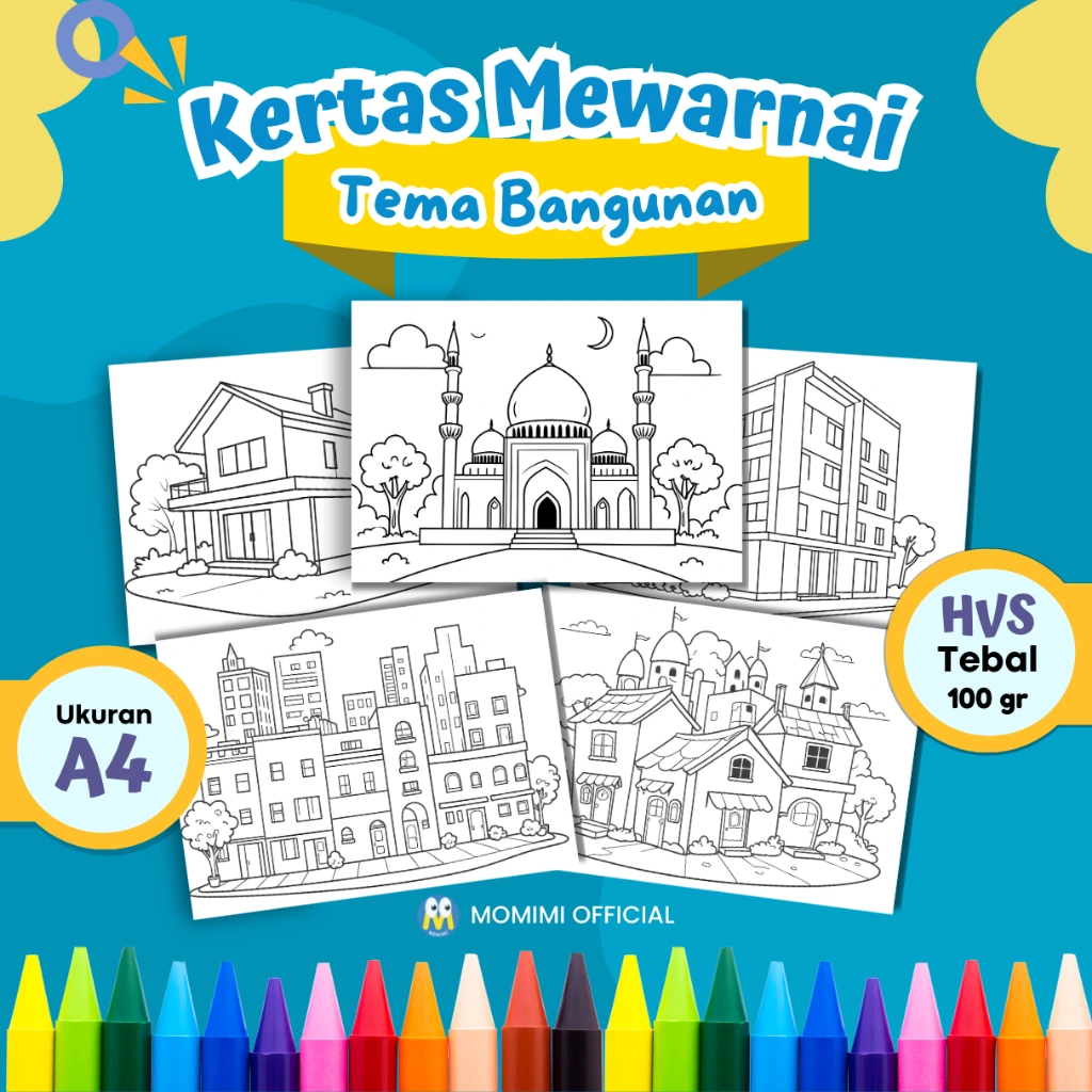 KERTAS MEWARNAI ANAK TEMA BANGUNAN / KERTAS GAMBAR MEWARNAI UNTUK ANAK PAUD TK SD - A4 TEBAL 100 gr