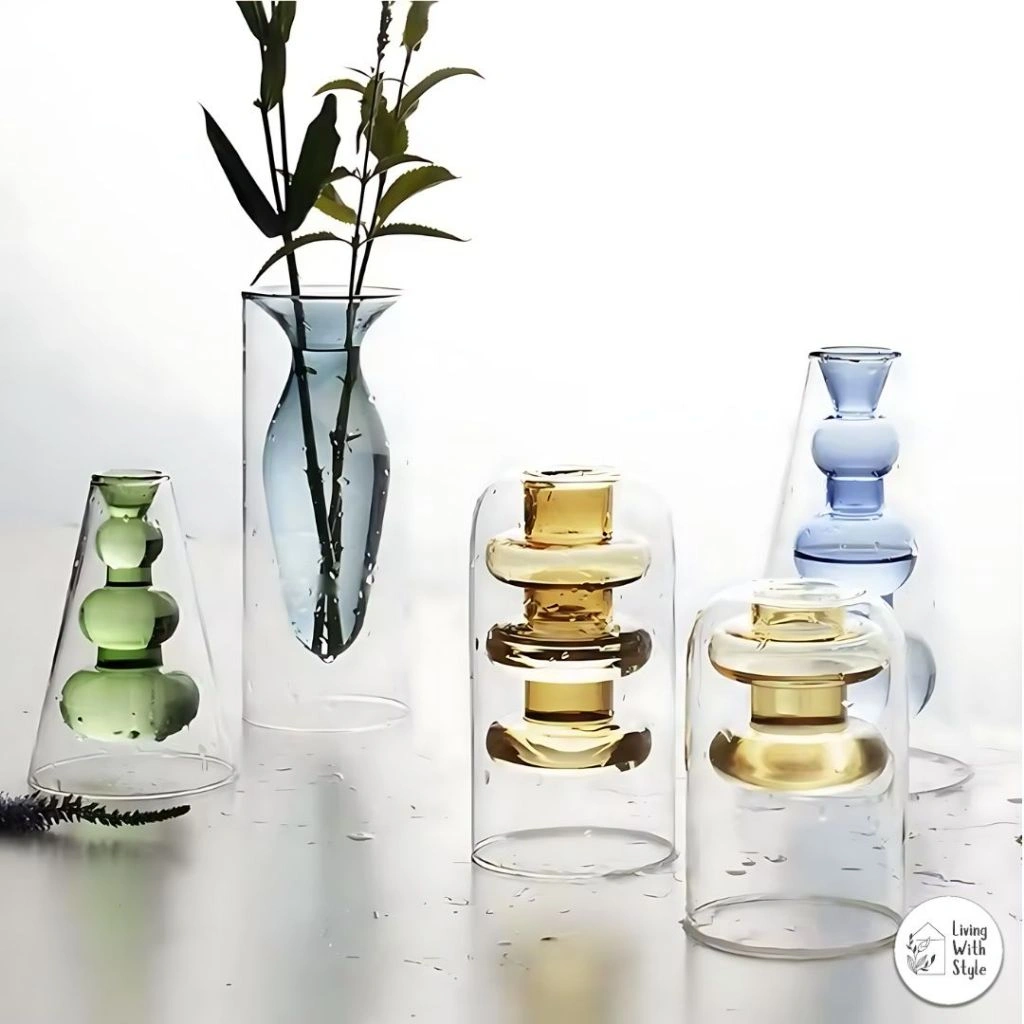 Living With Style - Ava Double Glass Wall Flower Vase / Vas Bunga 2 Lapis Unik Cantik / Flower Vas Kaca Minimalist Modern Warna Lucu
