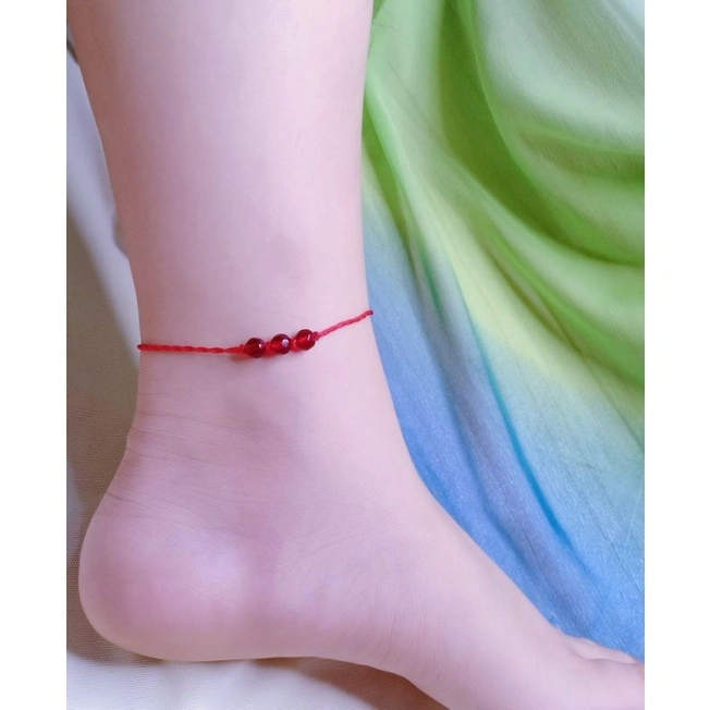 Gelang Kaki Mini Hk011 Simple Modis Tali Nylon Giok Tidak Luntur Dan Manik Warna Merah Yang Menawan.