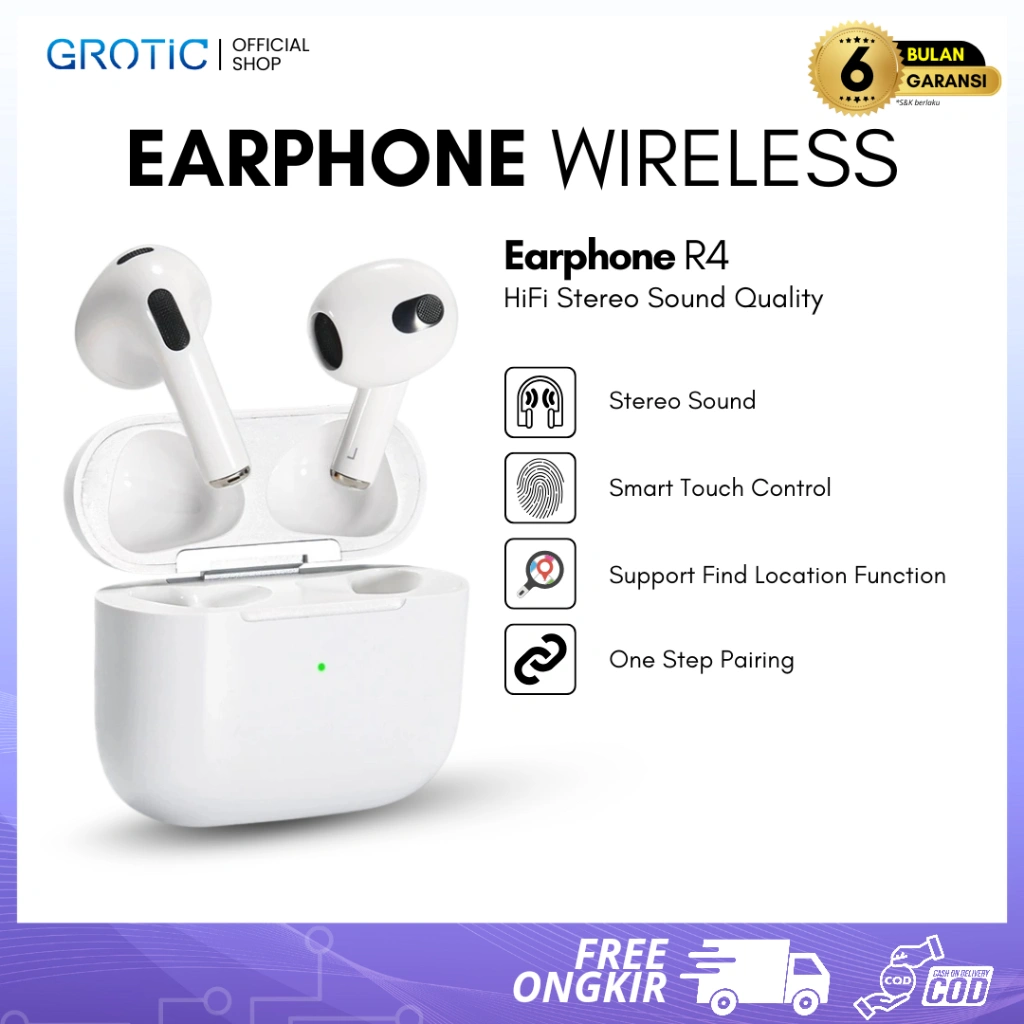 GROTIC Headset Bluetooth R4 TWS Earphone Wireless dengan Fitur Find Location