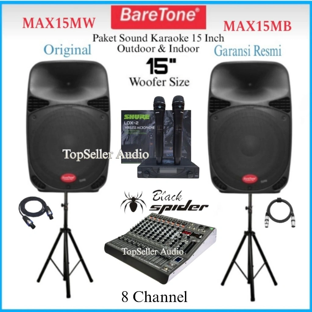Paket Sound System Karaoke Speaker 15 Inch BareTone [ Aktif Pasif ] Mixer 8 Channel Blackspider Mic 2 Wireless Shure Original Komplit Garansi Resmi