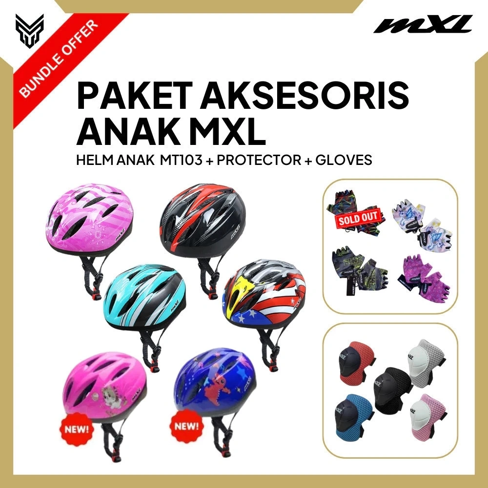 PAKET BUNDLING AKSESORIS ANAK HELM MT103 KIDS HELMET DENGAN PELINDUNG LUTUT SIKU KIDS PROTECTOR DAN SARUNG TANGAN ANAK KIDS GLOVE UNTUK SEPEDA, SCOOTER, SKATEBOARD, SEPATU RODA, PUSH BIKE, BALANCE BIKE