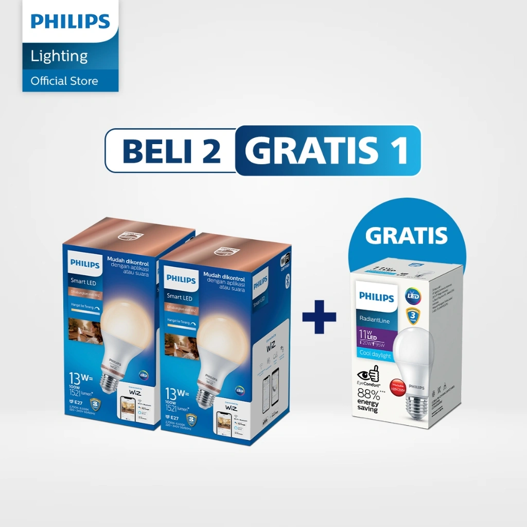 Beli 2 Philips Lampu Smart Wifi LED 13W Tunable White Gratis Lampu Philips RadiantLine LEDBulb 11W 6500K Putih