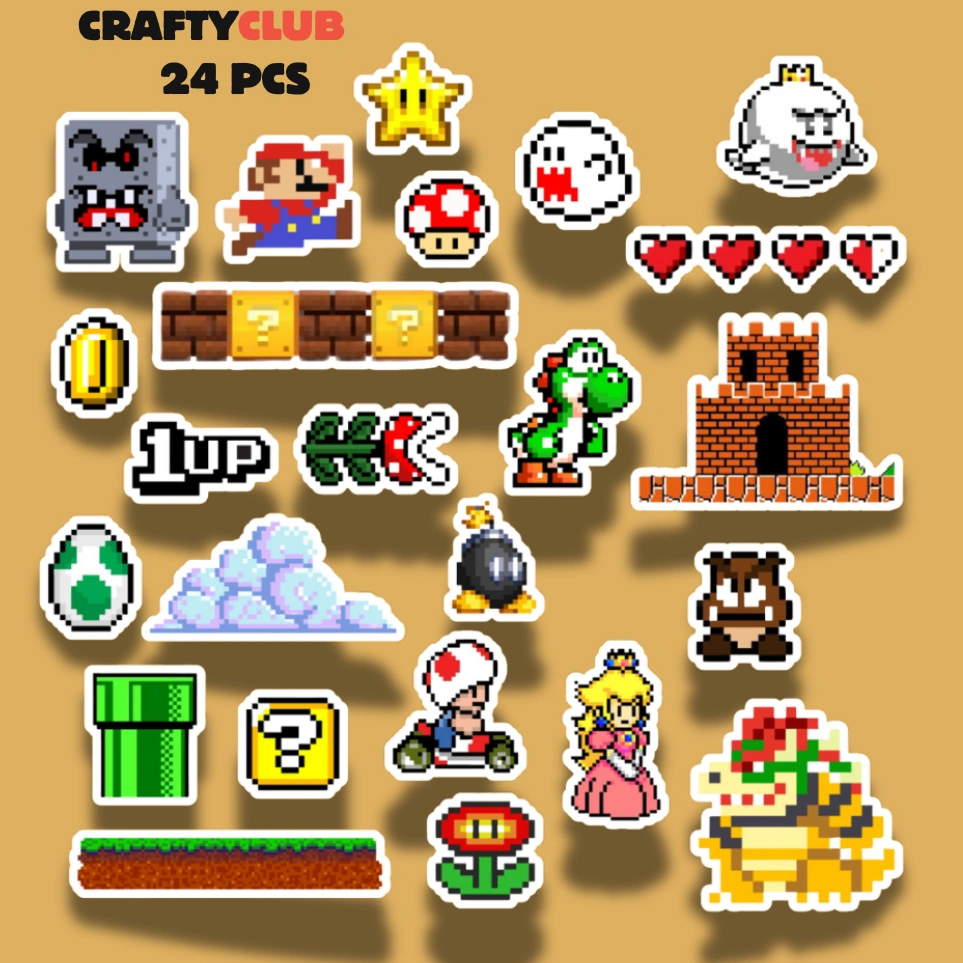Super Mario Sticker Pixel Vinyl Waterproof (24PCS) Untuk Helm, Journaling, tumblr