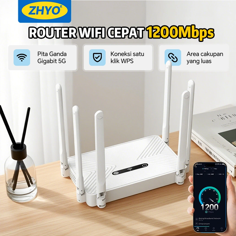 ZHYO Router WiFi Gigabit WIFI‑6 1200Mbps | 6 Antena Tembus Tembok | 5 Port LAN Gigabit | Sinau, Game & Streaming Stabil