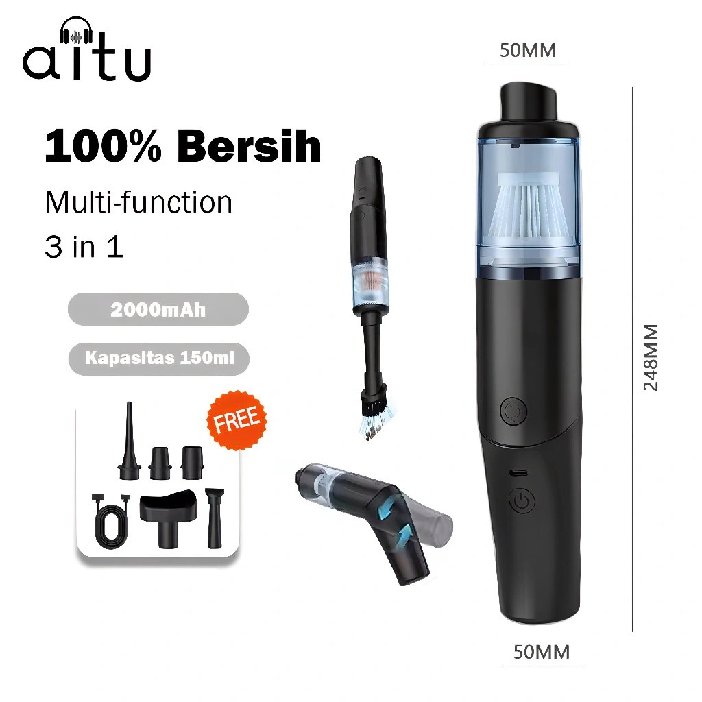 Aitu Mini Vacuum Cleaner Pembersih Mobil Rumah Wireless 3 Mode – Mini Vacuum Hitam Serbaguna, Tenaga Kuat & Praktis