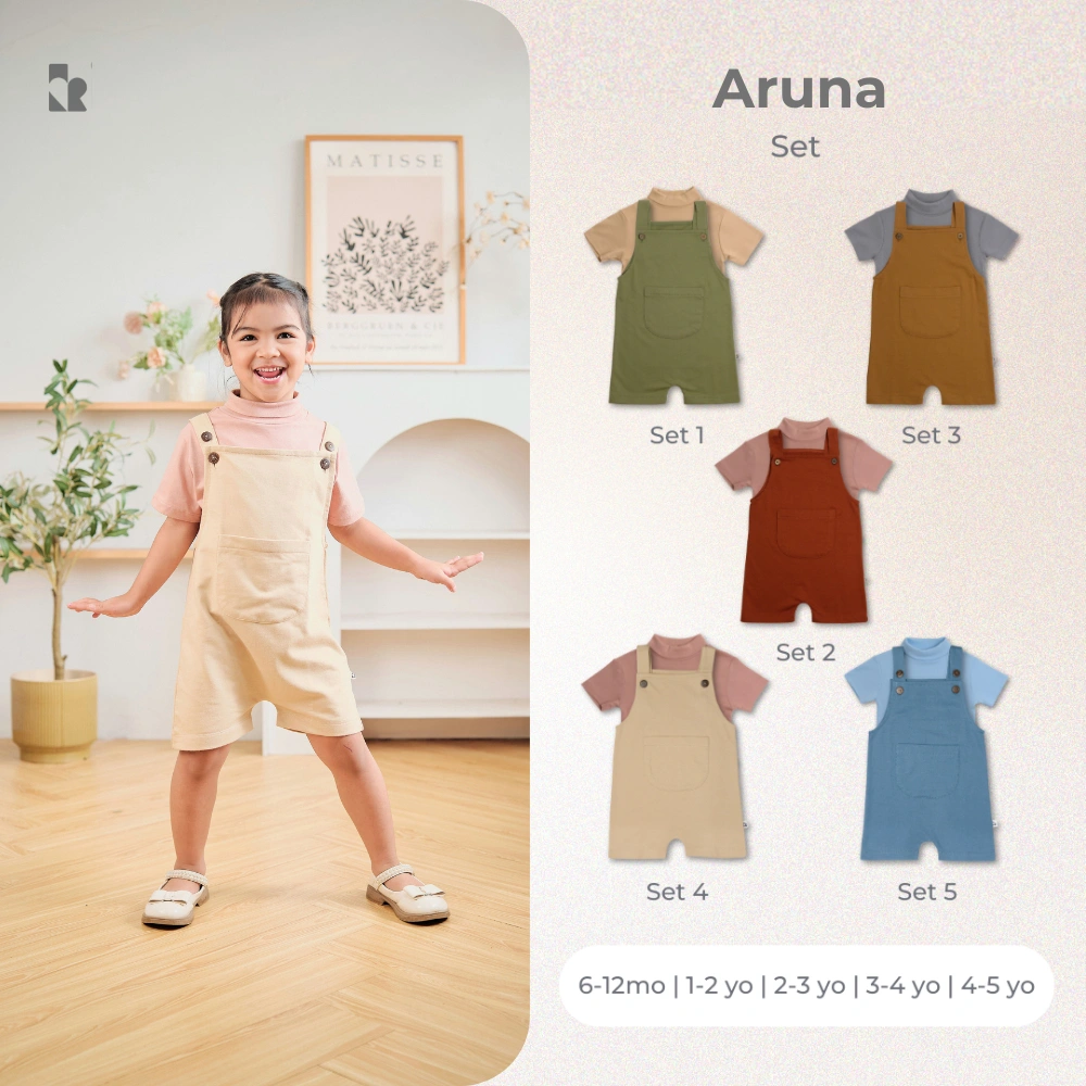 KINDR Aruna Setelan Overall Jumpsuit dan Kaos Lengan Pendek Anak Perempuan Laki-Laki 1 - 5 Tahun