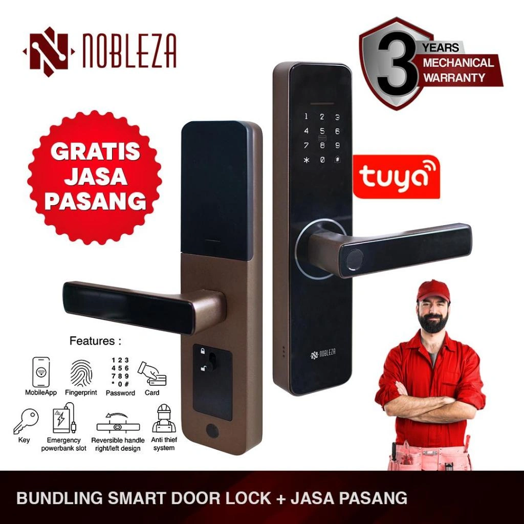NOBLEZA Smart Door Lock Kunci Digital Free Jasa Pasang Jabodetabek Home Service ( Paket Bundling ) KP-NH7702