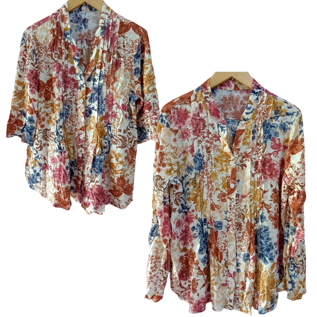 Blouse Atasan Wanita Lengan Panjang full Kancing Motif Bunga