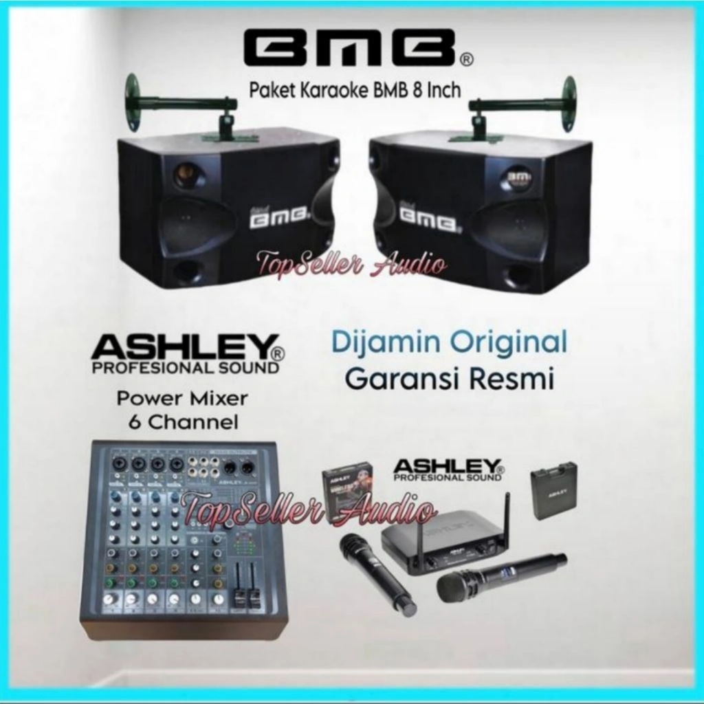 Paket Sound System Karaoke Speaker 8 Inch BMB Power Mixer Ashley 6 Channel Mic 2 Wireless Original Garansi Resmi