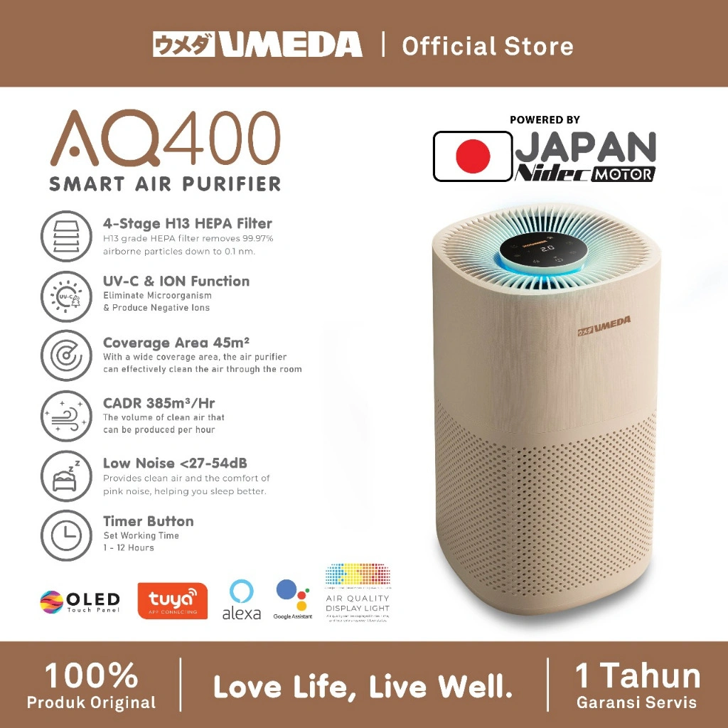 Umeda AQ400 Smart Air Purifier H13 HEPA Filter UV-C & ION FUNCTION