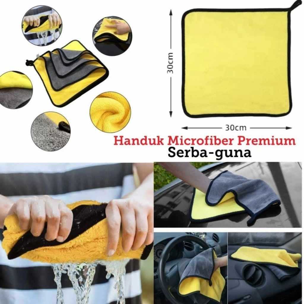 Kain Lap Microfiber 2 sisi Kuning Abu 30x30cm Kain Lap Body Motor, Kaca Mobil Lembut Serap Air Anti Lecet