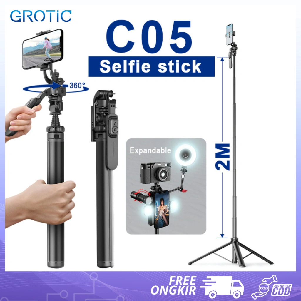 GROTIC Tripod C05 HP Kamera Tinggi 2 Meter dengan Remote Bluetooth dan Hand Stabilizer