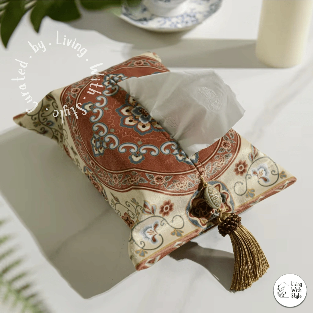 Living With Style - Oriental Floral Tissue Case With Tassel Premium / Tempat Tisu Kain Pouch Motif Bunga Cantik Mewah / Tissue Box Mobil Soft Aesthetic Unik
