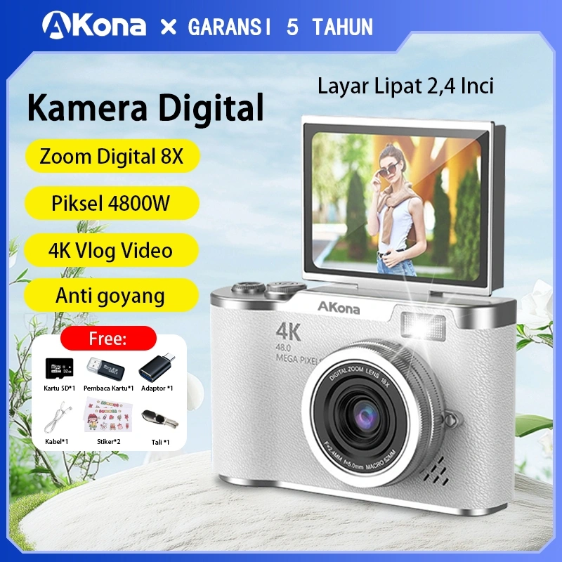 Akona  Free 64G  Kamera Digital 48MP 8X Zoom Kamera Digicam Layar Balik 180° LCD 2,4 Inci 4K Vlog Anti Goyang Filter Kamera Pocket