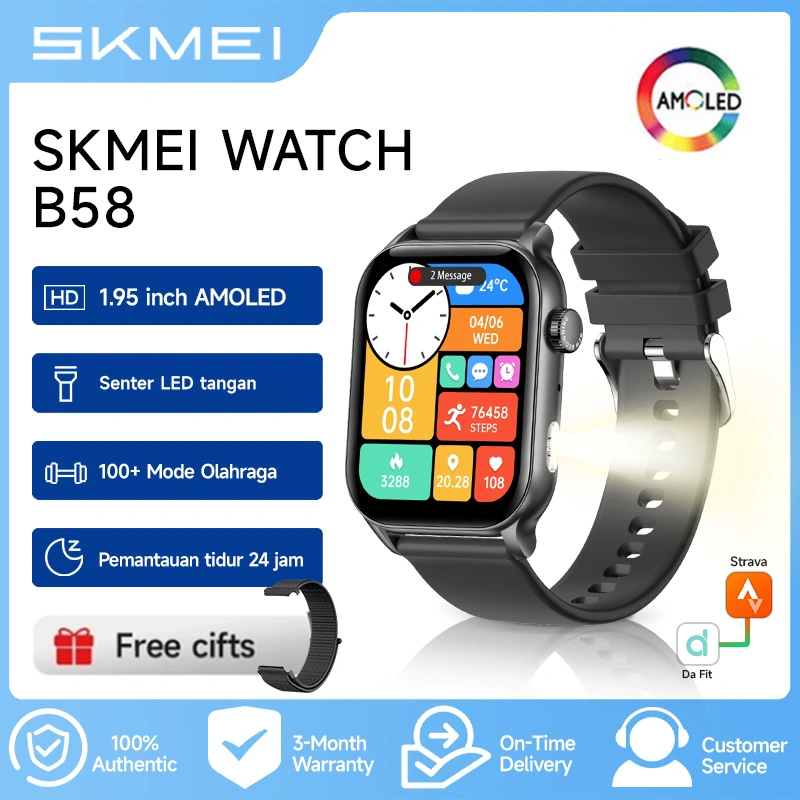 SKMEI B58 Smartwatch Wanita Layar AMOLED 1.95 Inch Bluetooth Call Notifikasi Alarm 100+ Mode Olahraga & Pemantauan Detak Jantung Sleep Monitor 24 Jam