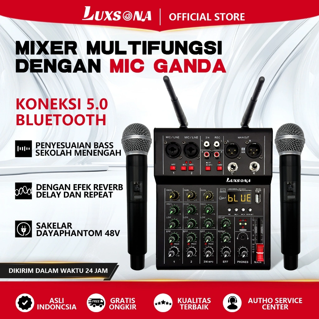LUXSONA 4 chanel Mixer audio profesional termasuk 2 mikrofon wireless UHF/ audio Amplifier/mendukung fungsi Bluetooth USB/PC/MP3