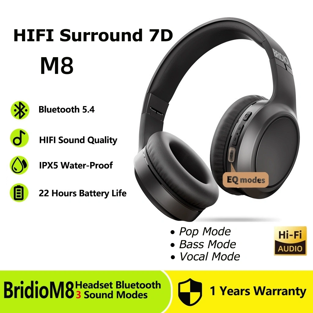 ​​Headphone Bluetooth Bridio M8 - EQ Custom Bass Boost + Mic Built-in, Wireless Stereo Terbaik, Free Case + GRATIS COD!​​