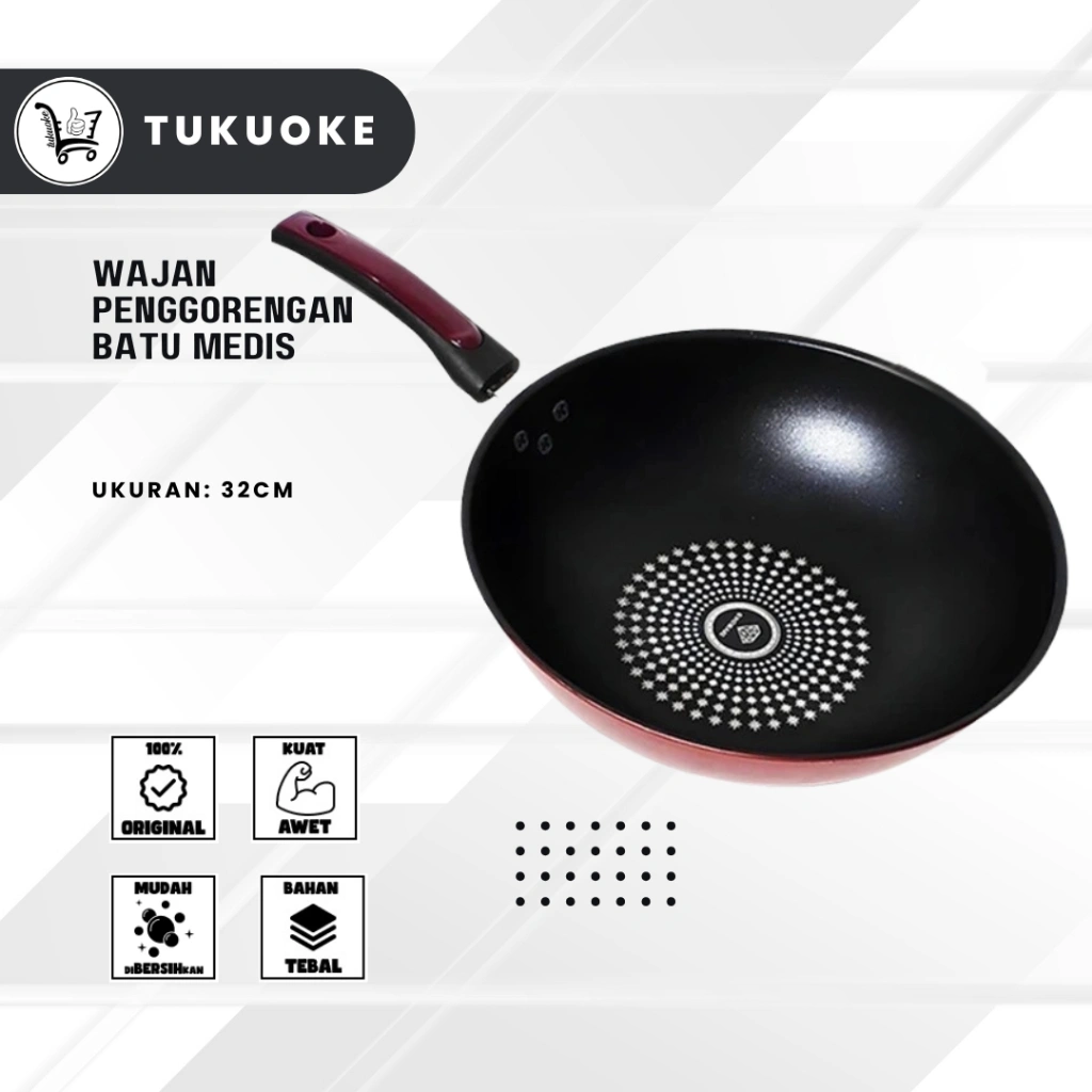 Wajan Penggorengan Batu Medis 32cm dengan Gagang Panjang Wok Pan Anti Lengket Serbaguna