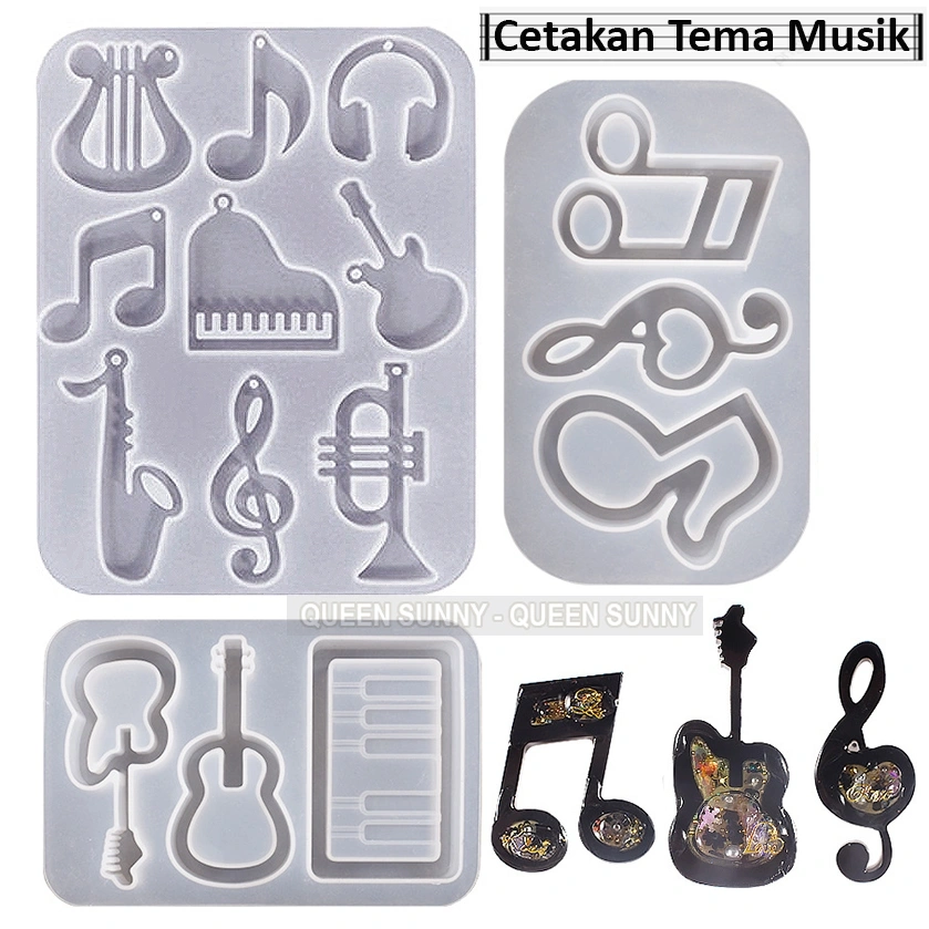 Cetakan Resin Pendant Liontin Musik Melodi Not Balok Piano Gitar Alat Musik Keychain Gantungan Kunci Cetakan Bandul Anting Kalung Cetakan Silikon Mold Jewelry Aksesoris DIY
