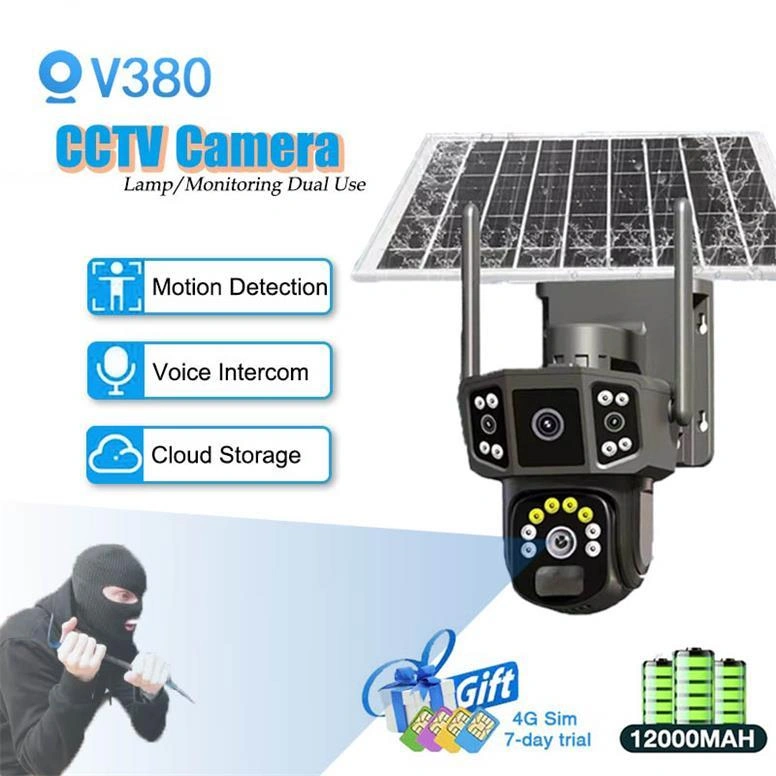 CCTV Solar 4G Sim wifi CCTV IP Camera Three CCTV 10MP HD V380 pro Outdoor connect to phone at home wireless PTZ night vision Remaining battery storage