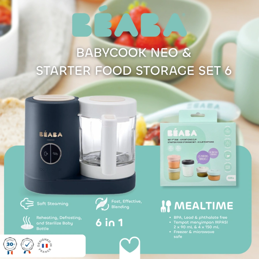 [Bundle Gratis Starter Food Storage Set 6] Beaba Babycook Neo Solo Duo Express - Blender Makanan Bayi/Mesin Pembuat MPASI 6 in 1 Food Processor Ergonomis Multifungsi Instant BPA Free Stainless Steel Glass Pengukus Steamer Kapasitas Besar 1 Liter