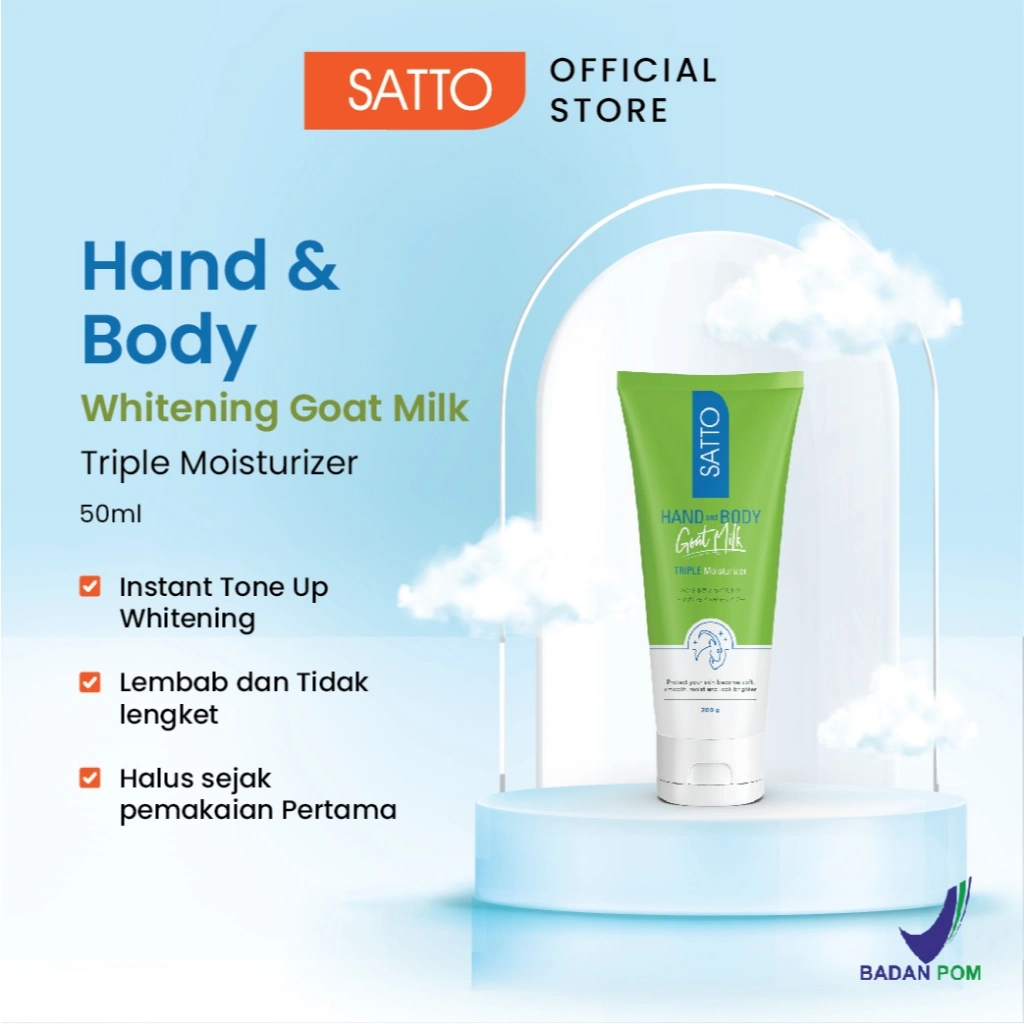 Satto Goat Milk Body Lotion 50g – Lotion Susu Kambing Mencerahkan, Tone Up Whitening, Triple Moisturizer