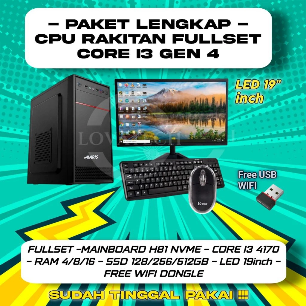 1 set Pc CORE I3 Fullset MURAH / CPU RAKITAN CORE I3 GEN 4 MURAH RAM 16GB SSD 512GB + LCD 19 INCH BARU