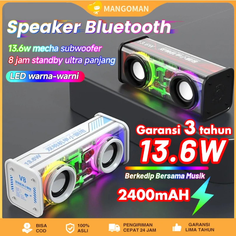 Mecha Speaker Bluetooth Subwoofer Baja Kecil Transparan Audio Portabel Nirkabel Rgb 7 Color Light V8 Speaker Bluetooth Tws Series Bass 360 ° 13.6w Mecha Warna-Warni Stereo Surround