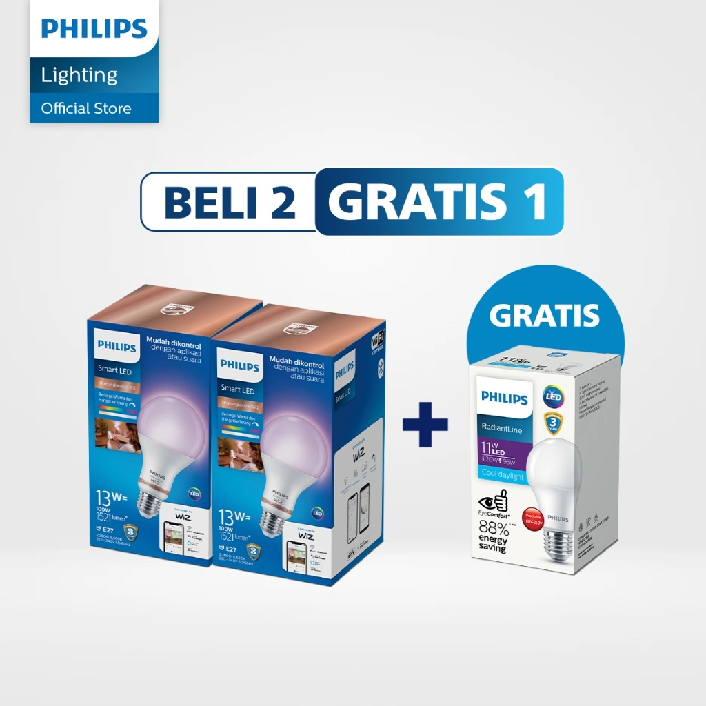 Beli 2 Philips Lampu Smart Wifi LED 13W TW & Color Gratis Lampu Philips RadiantLine LEDBulb 11W 6500K Putih