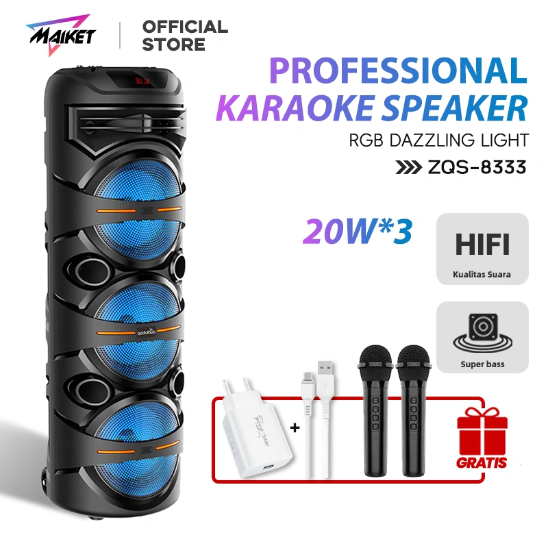 MAIKET Speaker Bluetooth Karaoke 8 Inch *3 Portabel 2 Mic bass besar Wireless subwoofer ZQS8333