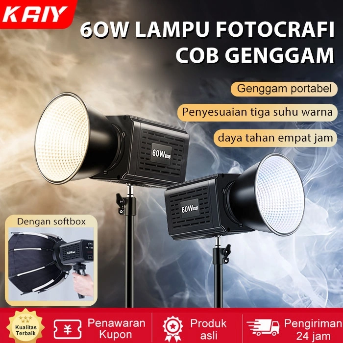 KAIY 60W Rechargable Genggam LED Video Light COB Portable Softbox Lighting Professional Fotografi Light 2800K-7500K Studio Lampu Live Streaming with mini 30cm Kotak Lunak Dudukan Genggam Gratis