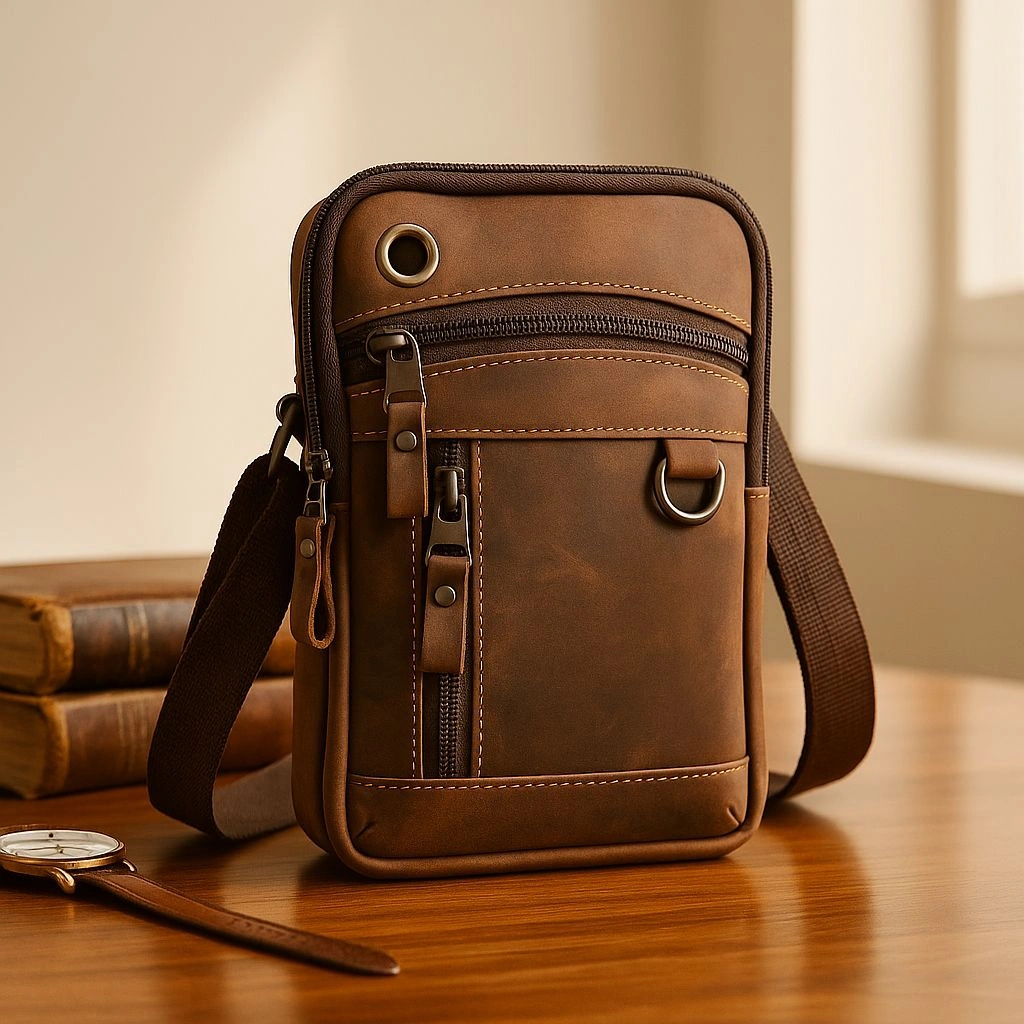 Tas Selempang Kulit Sapi Asli Mini Tempat HP Pria Wanita Slingbag Premium Casual