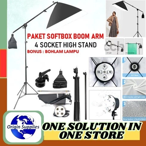 PAKET SET 4 in 1 SOFTBOX E27 50x70cm + Light Stand + Lampu Bohlam LED Studio Soket Payung 50 x 70 cm Lighting Continuous Video