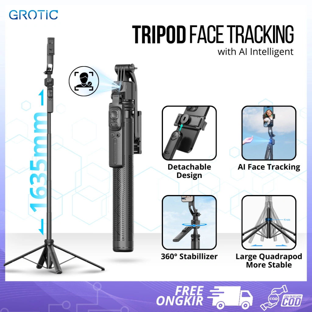 GROTIC Tripod Gimbal 360° AI Face Tracking 163cm dengan Stabilizer dan Gesture Control