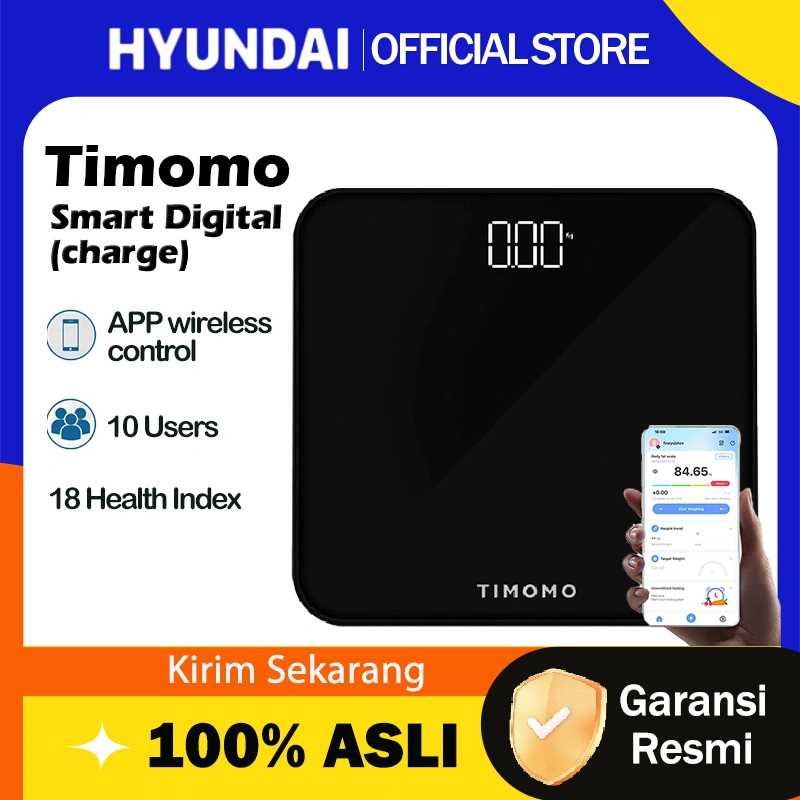 Hyundai X Timomo Smart Digital Body Scale Timbangan Badan Digital Pengukur Kadar Lemak BMI Otot Smart Body Fat Scale USB Charging Kaca Anti Pecah