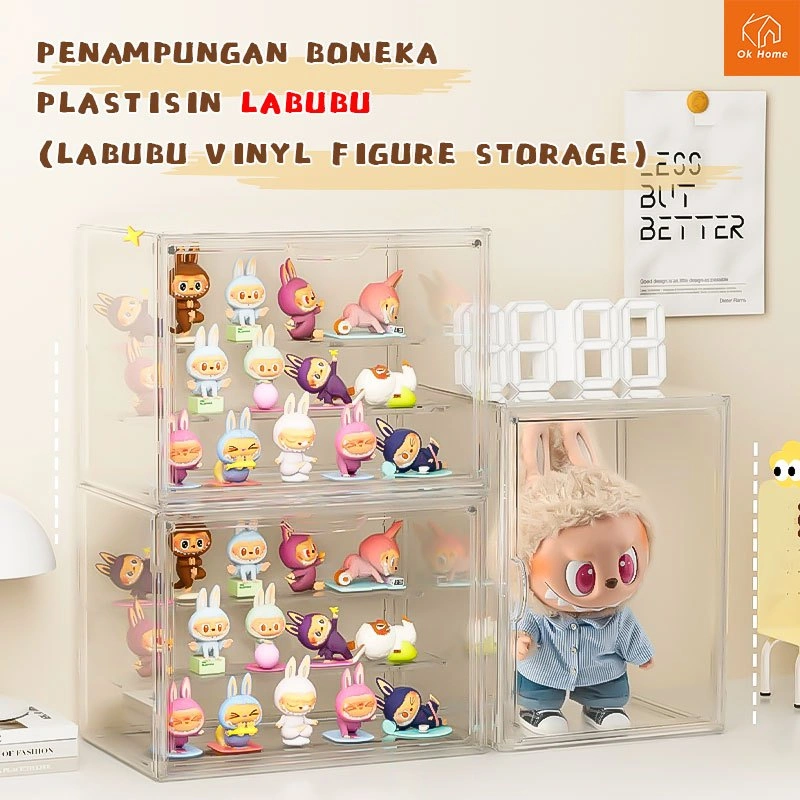 Kotak Display Akrilik Popmart Labubu Organizer Penyimpanan Transparan Mainan yang Dapat Ditumpuk dan Magnetik