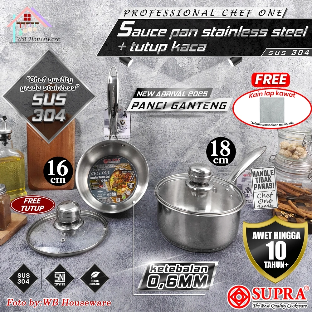 New SUPRA Panci ganteng sauce pan 16 & 18cm chef one series stainless steel SUS304 professional / panci rebus mie susu penggorengan deep fryer