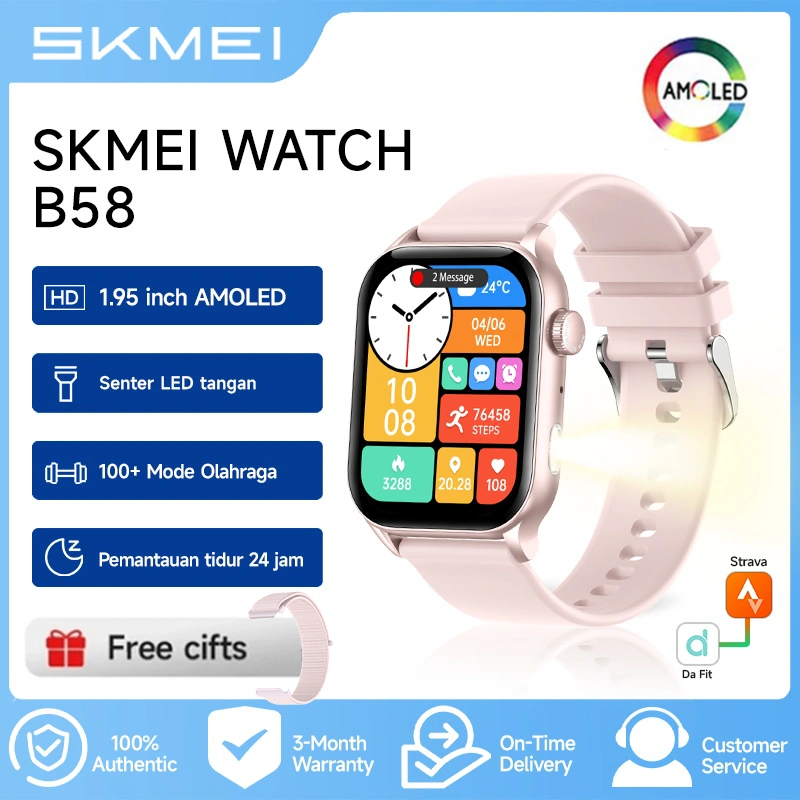 SKMEI  b58 smartwatch wanita 1.95inch Layar AMOLED Fitness Tracker Bluetooth Call Sleep Monitor/Notifikasi 100+ Mode Olahraga/plat dial jam tangan custom/InformasiWhatsApp