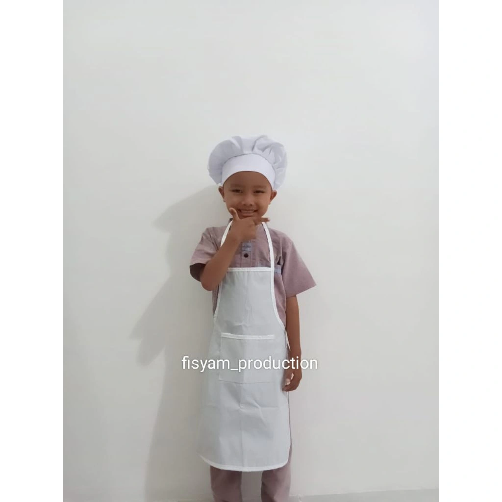 SATU SET TOPI KOKI PUTIH+ CELEMEK ANTI AIR ANAK