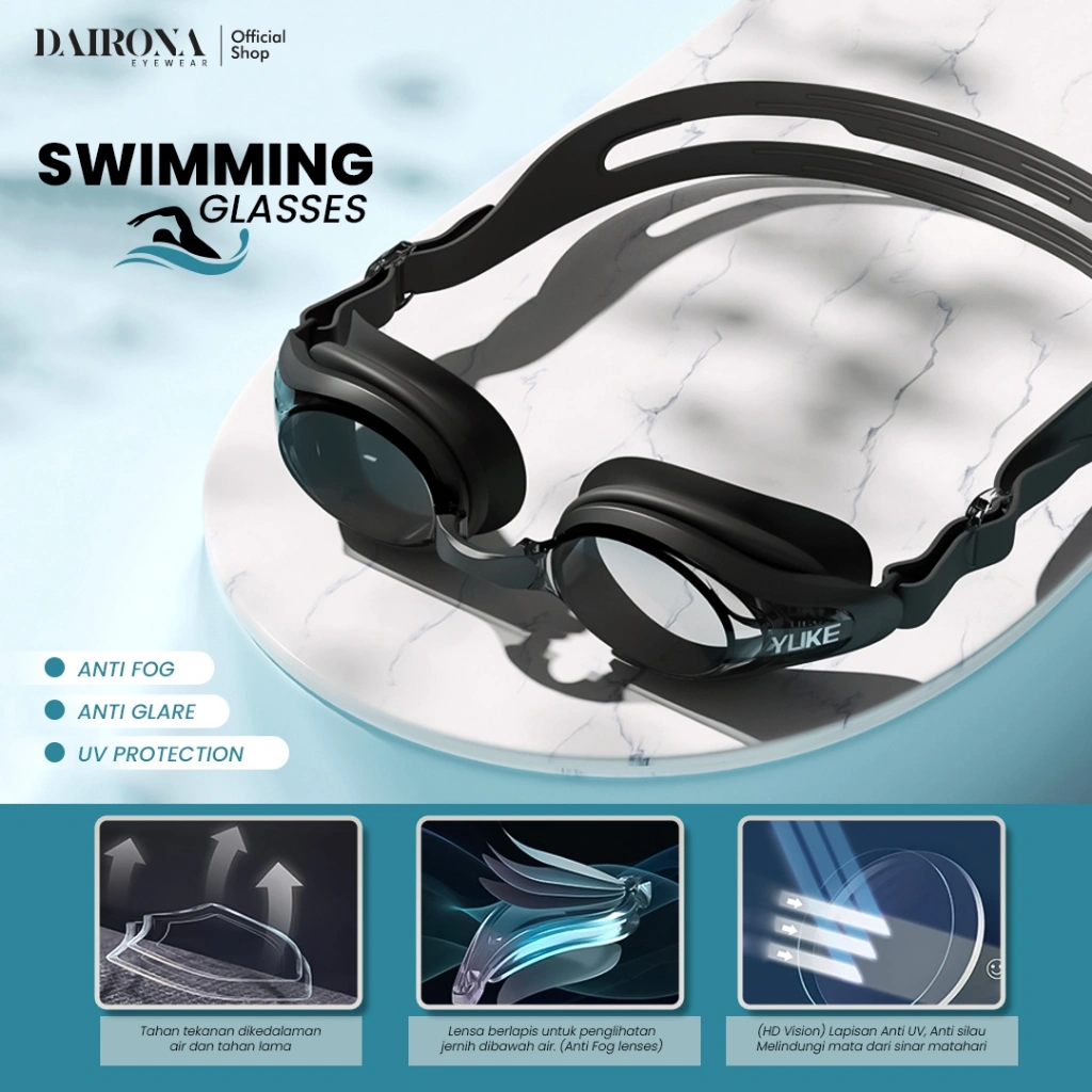 Dairona Eyewear Kacamata Renang Dewasa Anti Fog Swimming Goggles Anti Embun HD Colorfull Silicone Ear Plug Terintegrasi Pria Wanita SA16