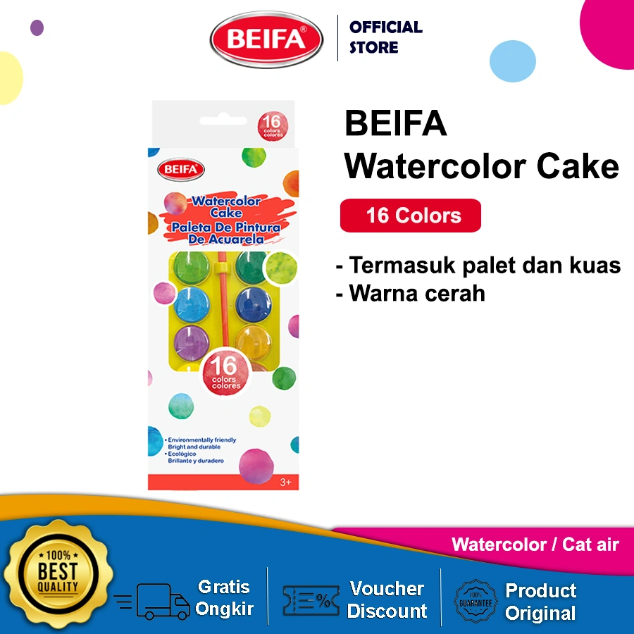 Beifa Water Color Cakes - Cat Air 12 dan 16 Warna Termasuk Palet dan Kuas DD5 Original Murah Berkualitas