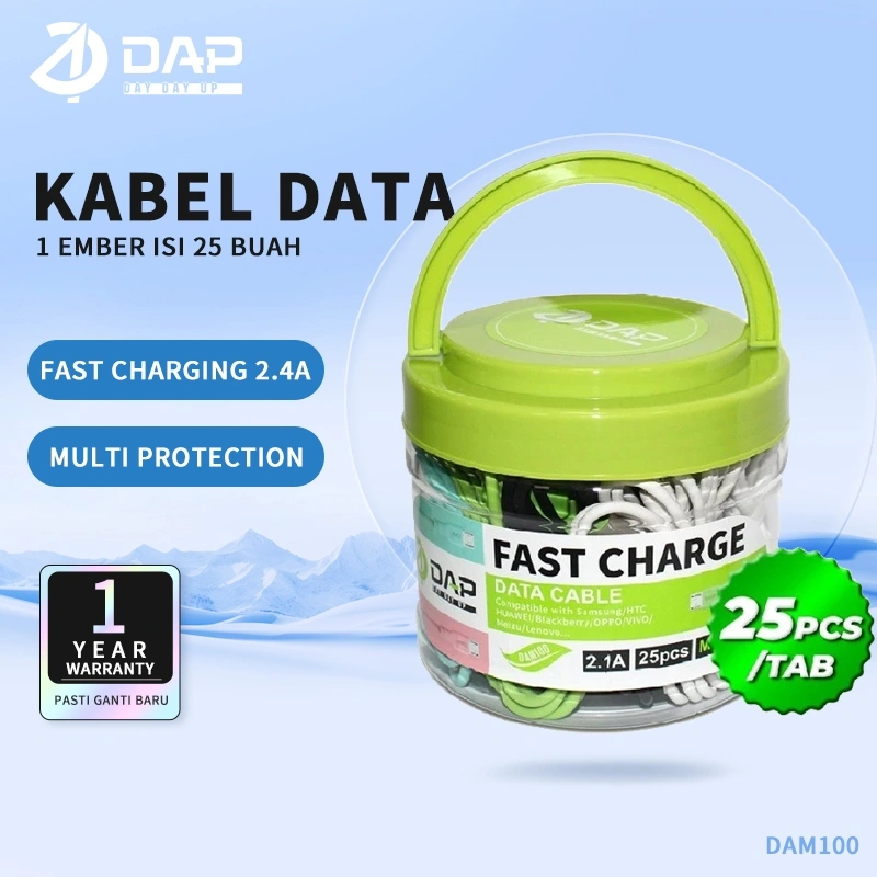 DAP DA Series Toples Kabel Data Micro, Type C & Lightning 2.4A Fast Charging 100cm Garansi Resmi 1 Tahun isi 25 Pcs