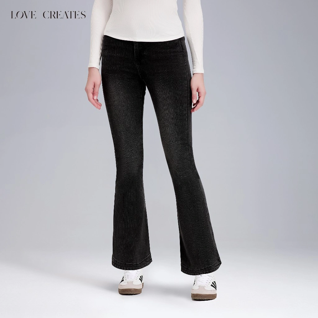 Love Creates Celana Jeans Wanita Jeans Hitam Melebar Jeans Elastis Pinggang Tinggi (NZK07)