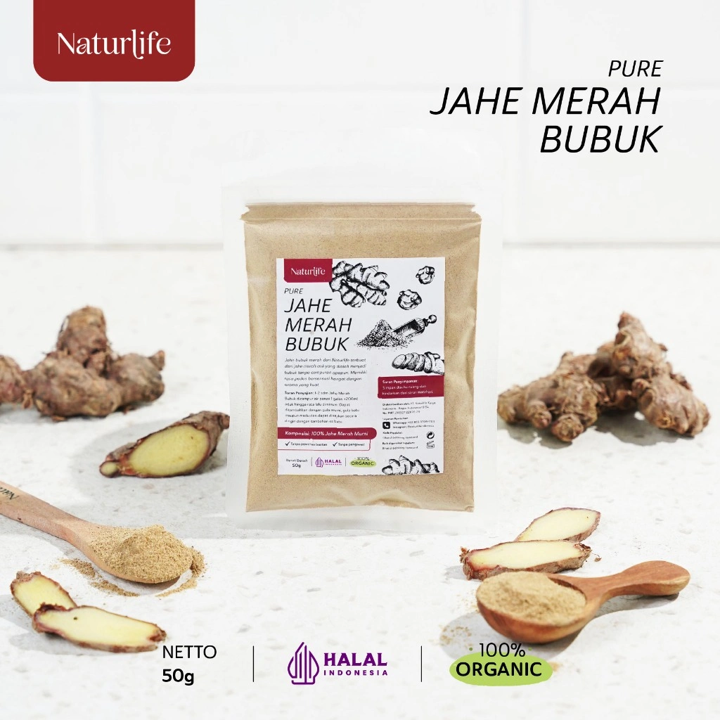 JAHE MERAH BUBUK 50G ASLI 100% TANPA CAMPURAN ORIGINAL NATURLIFE SERBUK JAHE / BUBUK MINUMAN JAHE MERAH / JAHE MERAH INSTAN PURE RED GINGER POWDER / IMUN BOOSTER ORGANIC NUTRIFARM / BEORGANIK / DARI BUMI / SAFIYA / GALLEO
