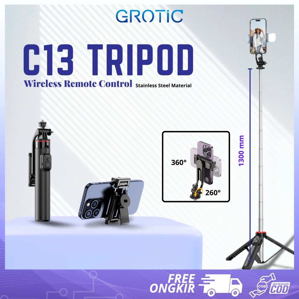 GROTIC Tripod Portable C13 135cm untuk HP dan Kamera dengan Remote Bluetooth